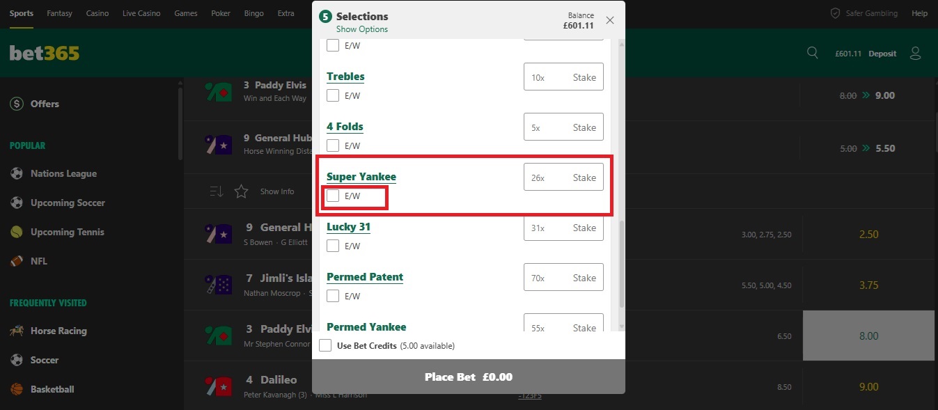 screen shot of a super yankee betslip at bet365 with the each way tick box highlighted